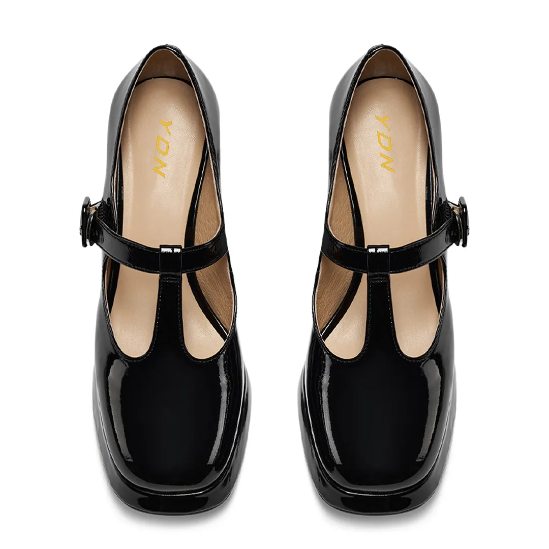 Patent Leather Square Toe Block Heel Platform Mary Janes in Black