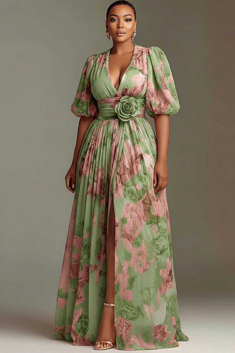 Xpluswear Design Plus Size Wedding Guest Peach Floral V Neck Puff Sleeve Short Sleeve 3D Split Chiffon Maxi Dresses 2024 - Xpluswear