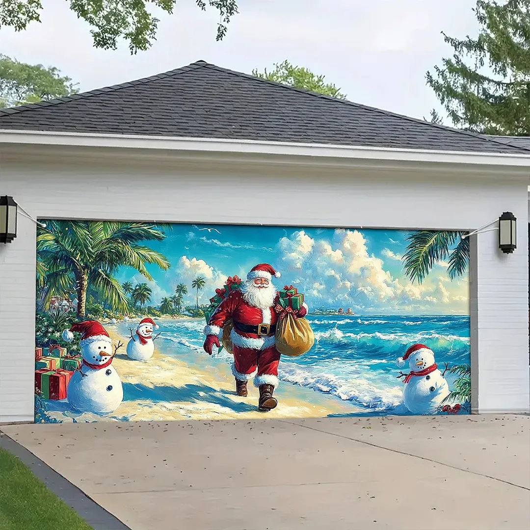 Garage Door Banner Decoration - Tropical Christmas Santa&rsquo;s Beachside Holiday with Snowmen