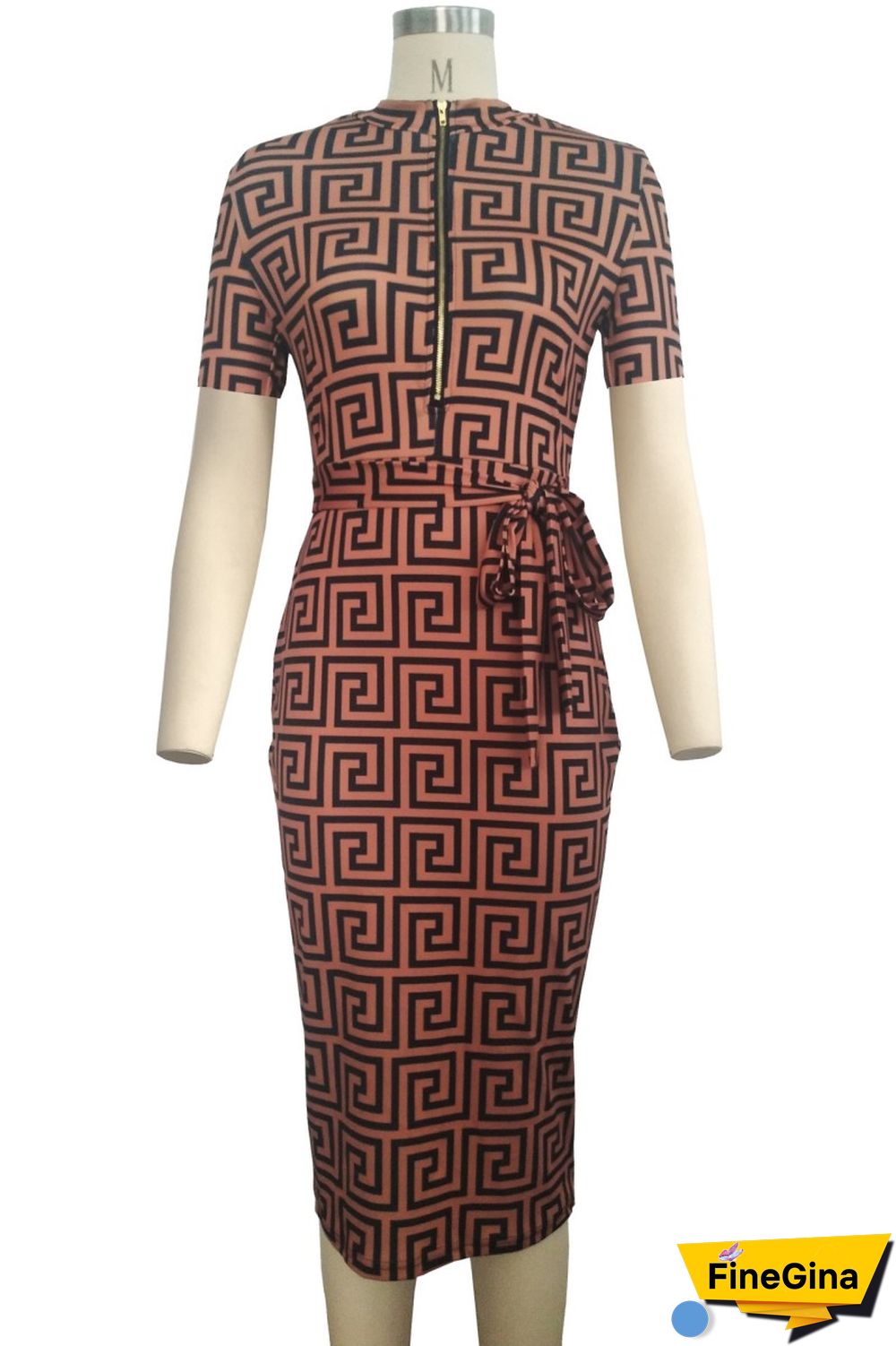 Brown Casual Print Patchwork Zipper Collar Short Sleeve Dress