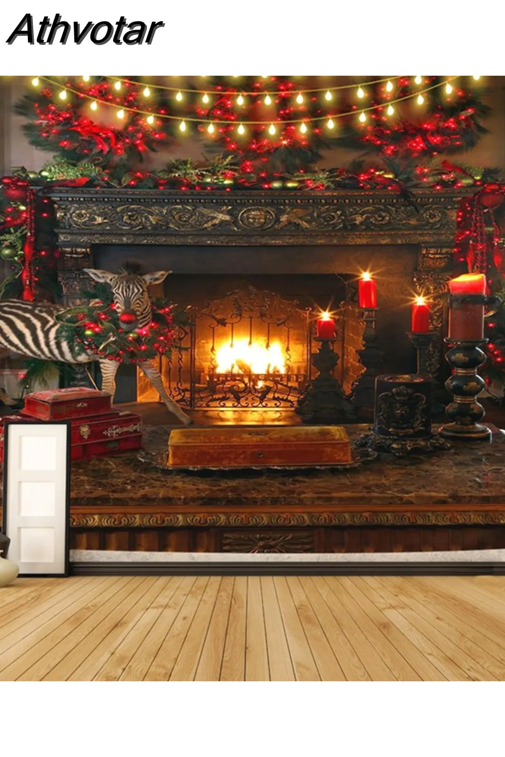 Athvotar Happy New Year Tapestry Christmas Fireplace Wall Hanging Cloth Home Background Bedroom Bedside Decorative Xmas Tree Tapiz