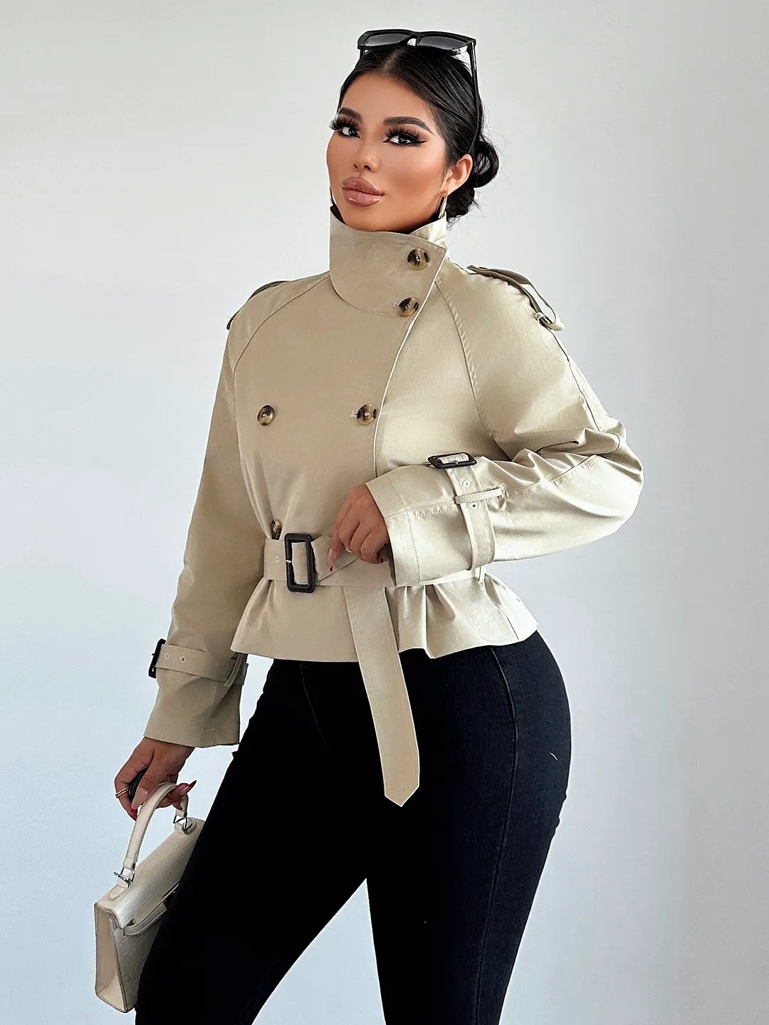 Nigikala Nigikala Women's Clothing 2025 Spring And Autumn Collar With Belt Buckle Dress Short Wind Coat Women A15022