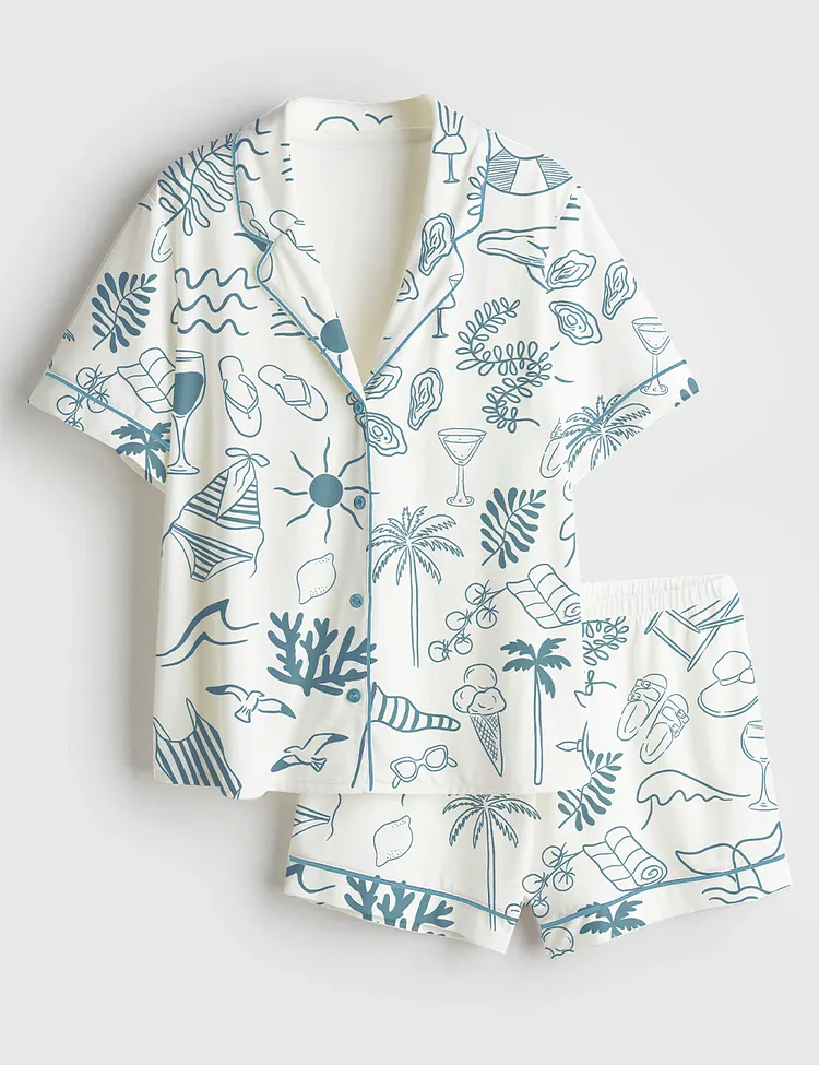 Women&rsquo;s Hand Drawn Summer Beach Ocean Coastal Summer Nautical Bachelorette Print Short Sleeve Satin Pajama Set