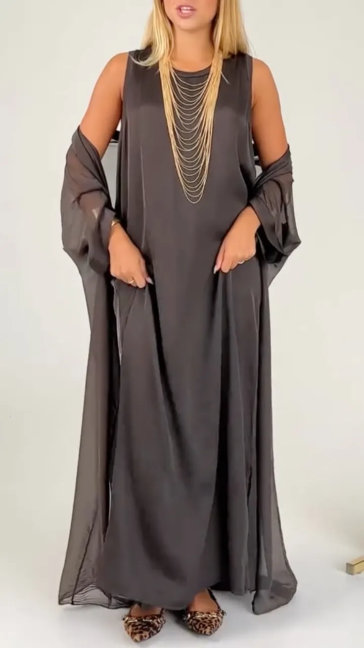 Sheer Chiffon Loose Maxi Robe And Satin Round Neck Long Dress Elegant Two Piece Set