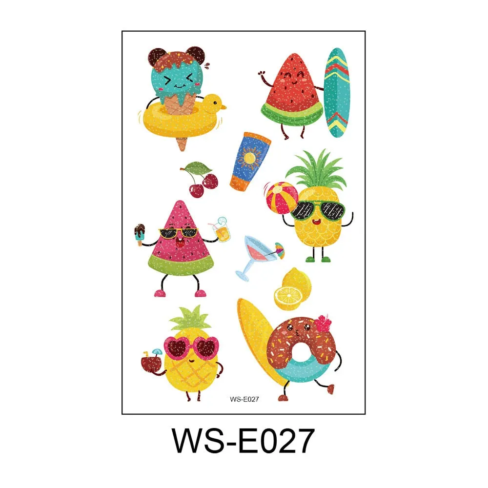 10 Kinds Glitter Powder Children Tattoo Cartoon Fruits Cute Makeup Temporary Body Arm Stickers Disposable Tatouage Temporaire