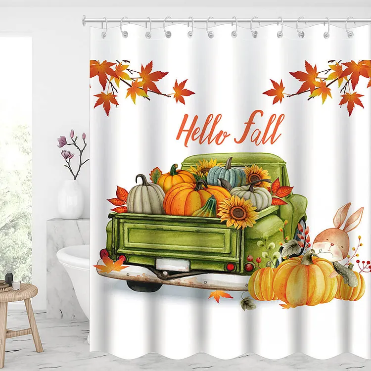 Hello Fall Retro Truck Waterproof Shower Curtains With 12 Hooks