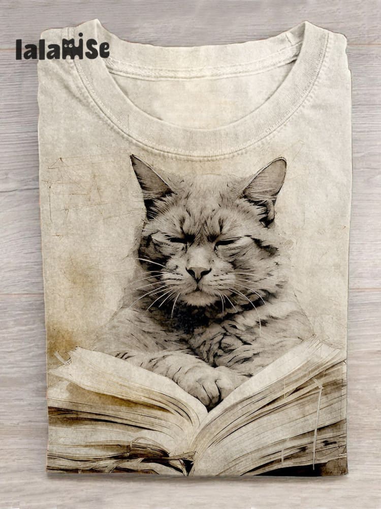 Reading And Pensive Cat Creative Design T - Shirt Shortsleeve / S