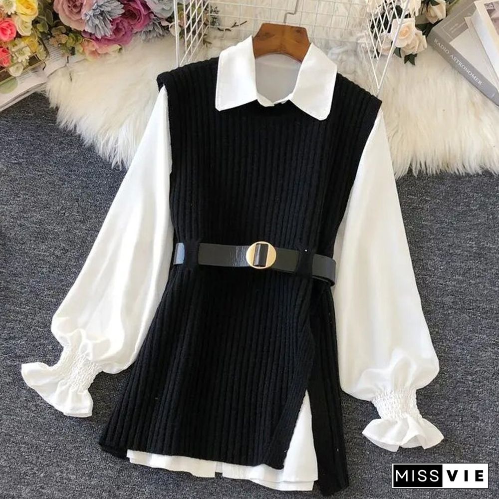Autumn Fashion Design Shirt And Knitted Vest Women Two Piece Set Solid Black Tanks Casual Loose Coffee O Neck Tanks New