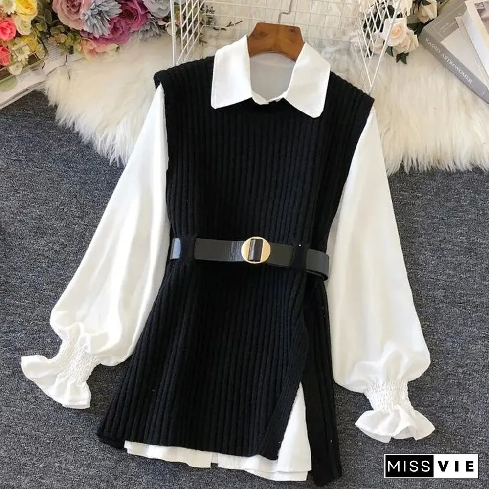 Autumn Fashion Design Shirt And Knitted Vest Women Two Piece Set Solid Black Tanks Casual Loose Coffee O Neck Tanks New
