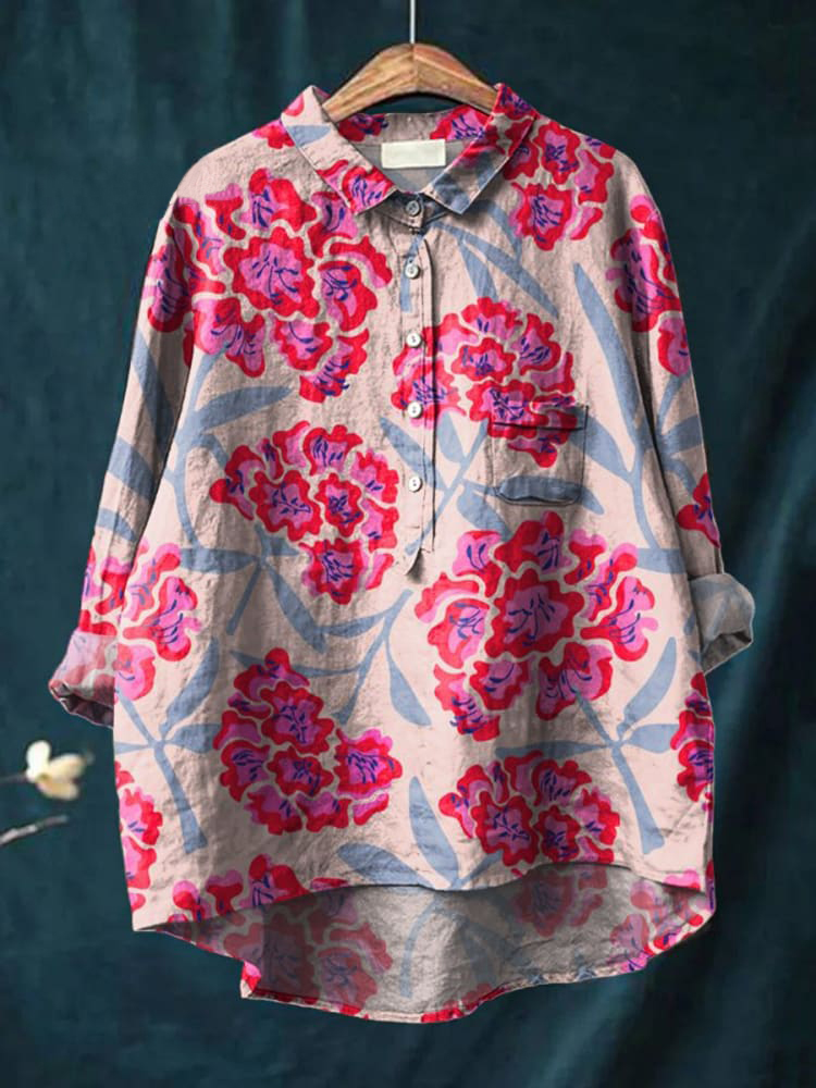 Women's Flower Art Print Casual Cotton And Linen Shirt
