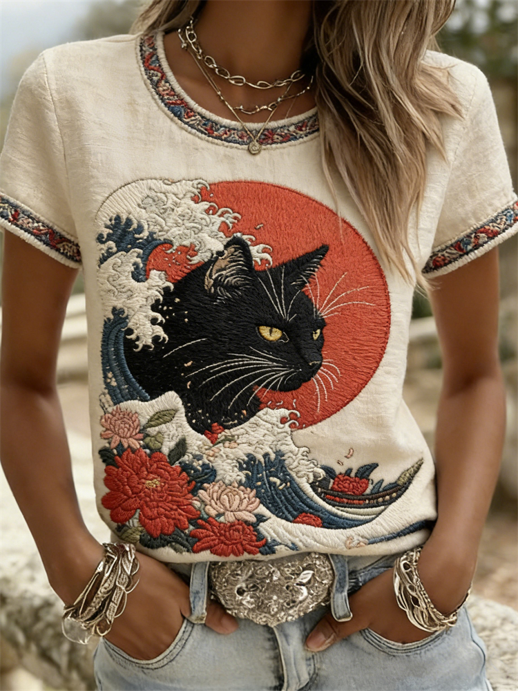 Comstylish Japanese Cat Sea Waves & Chrysanthemum Sunrise T Shirt