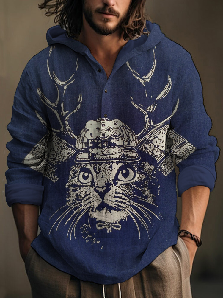 Men's Vintage Japanese Samurai Cat Art Linen Hooded Shirt elevenforest