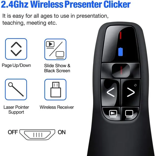 DinoFire Wireless Presenter Remote, RF 2.4GHz USB Presentation Remote Control PowerPoint Presentation Clicker for Keynote/PPT/Mac/PC