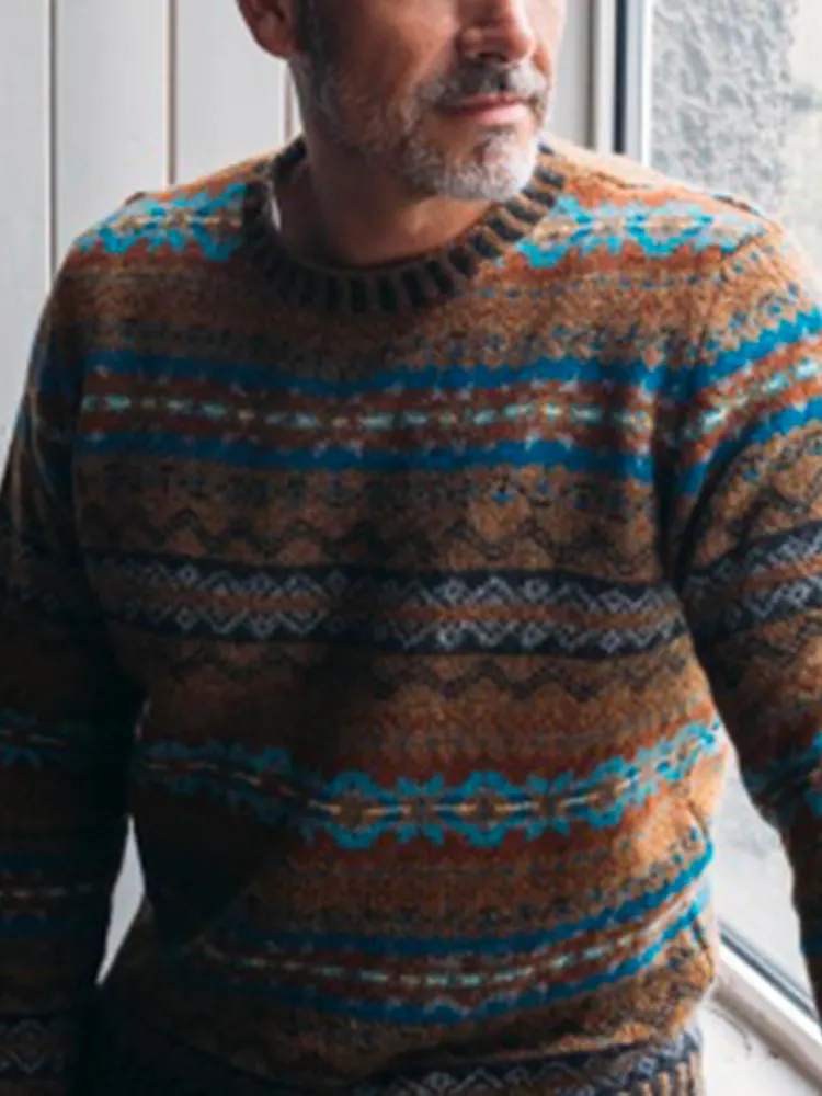Vintage Eribe Warmth Knit Jacquard Icelandic Crew Neck Sweater（Unisex ）