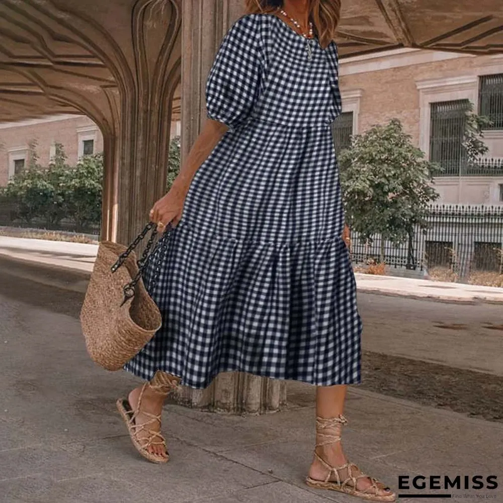 Paneled Plaid Print Buttons Down V-neck Casual Midi Dress | EGEMISS