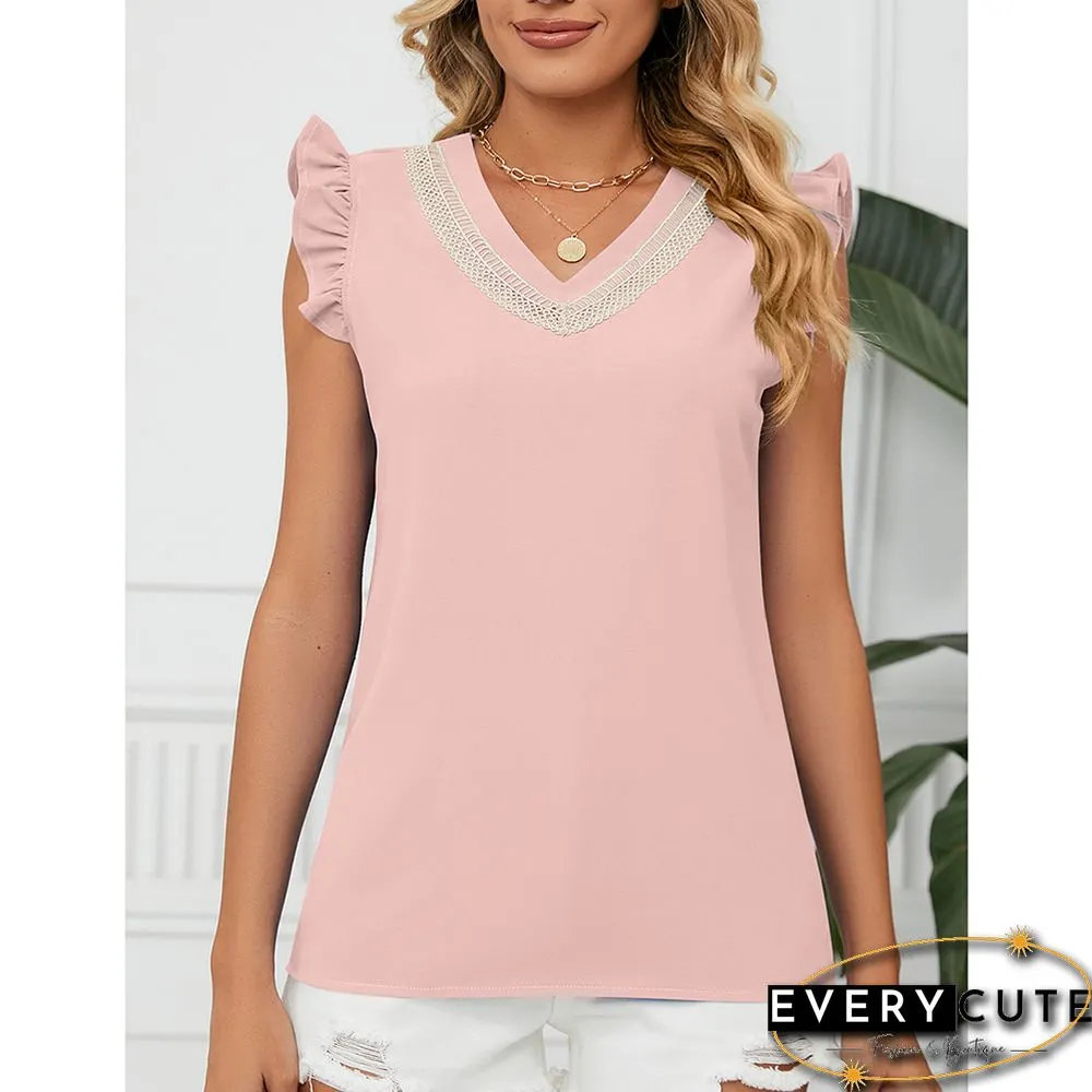 Pink Lace Trim Contrast Ruffle Short Sleeve Tops
