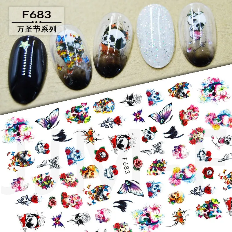 Halloween Nail Art Sticker Ghost Witch Spider Web Pumpkin Nail Decals Sexy Skull Bone Water Transfer Decals Nails Foil Manicure-Nail Inspo