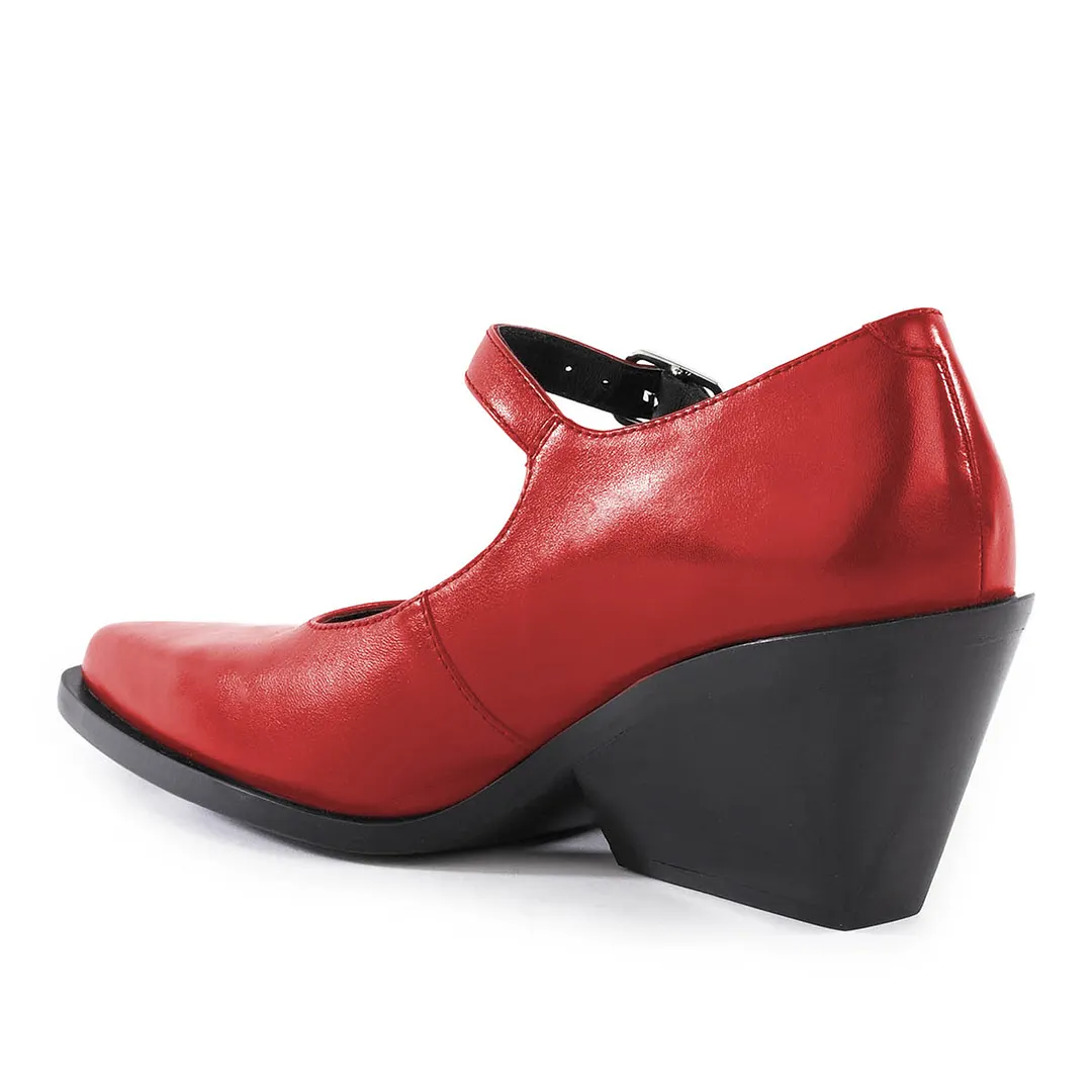 Red Vegan Leather Pointed Toe Chunky Heeled Mary Janes with Buckle