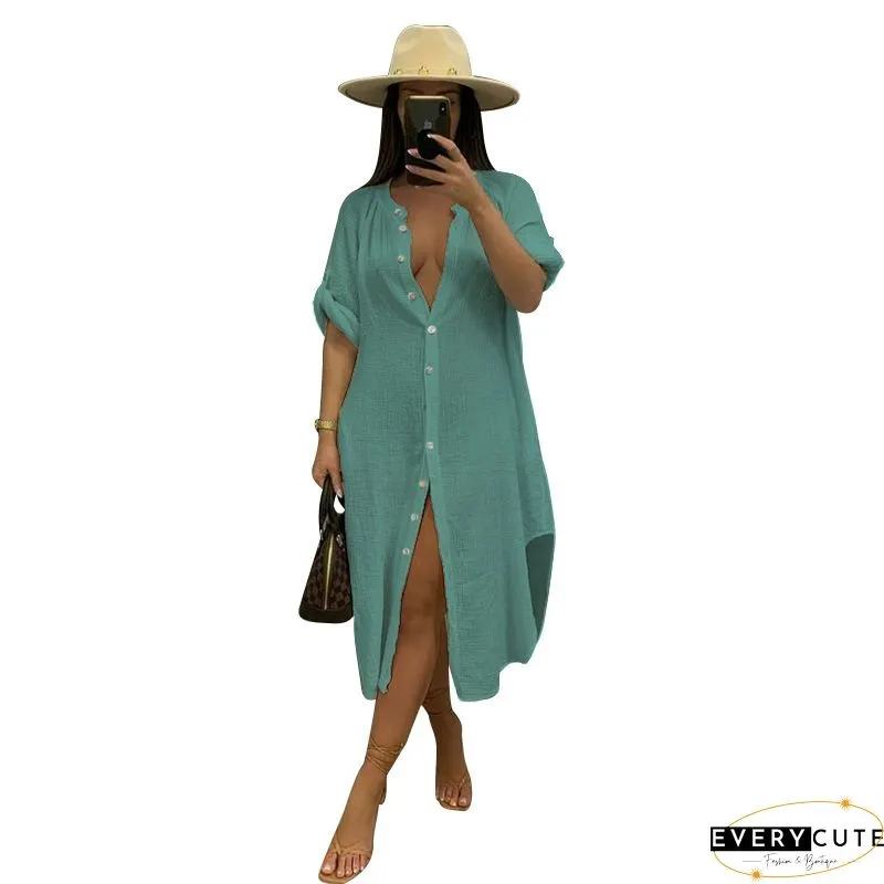 Plain Button Design Long Sleeve Dress