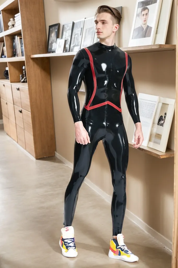 Men Latex Catsuits Stripe Black Fishtail