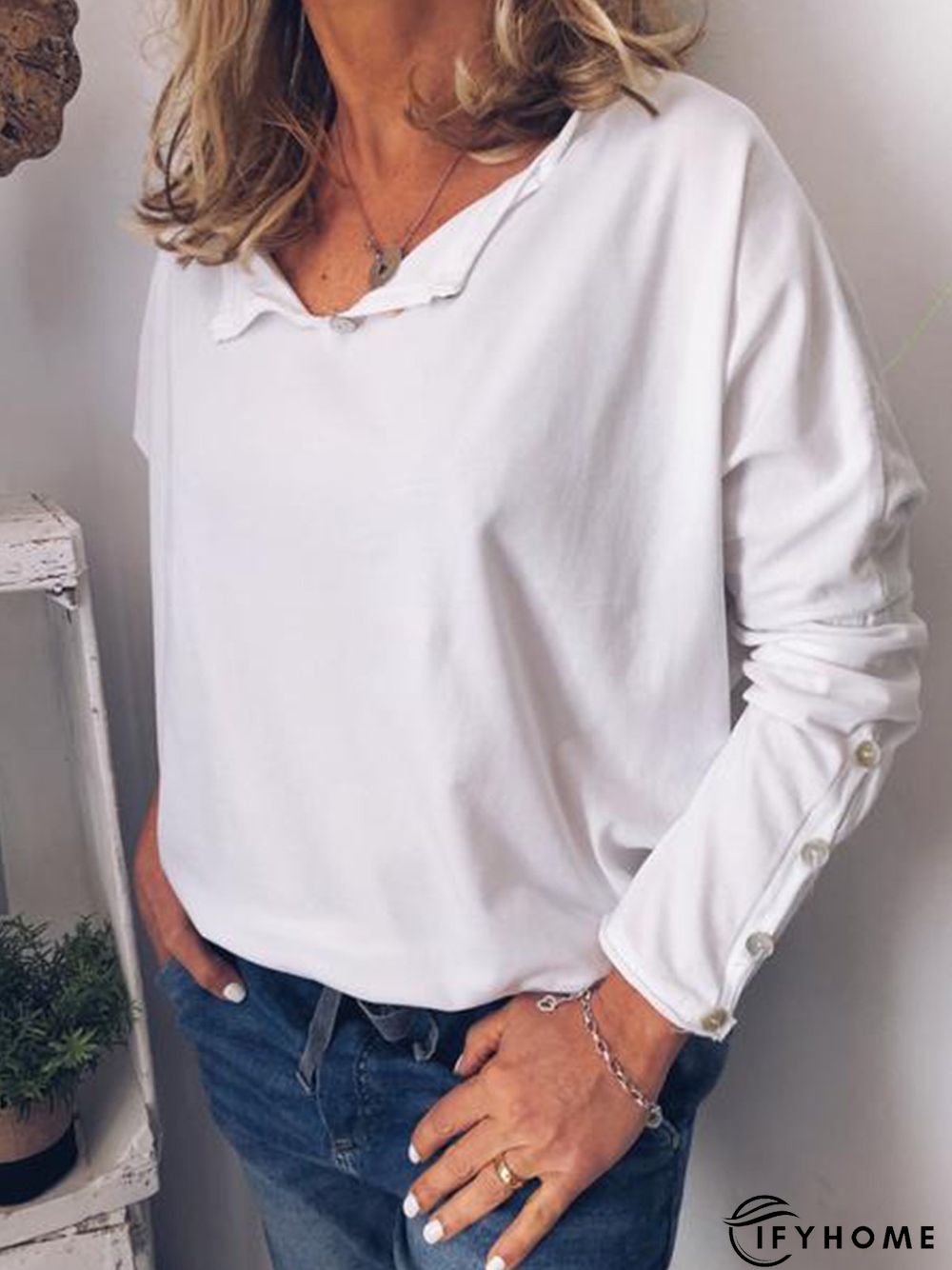 Casual Cotton V Neck Long Sleeve T-Shirt | IFYHOME