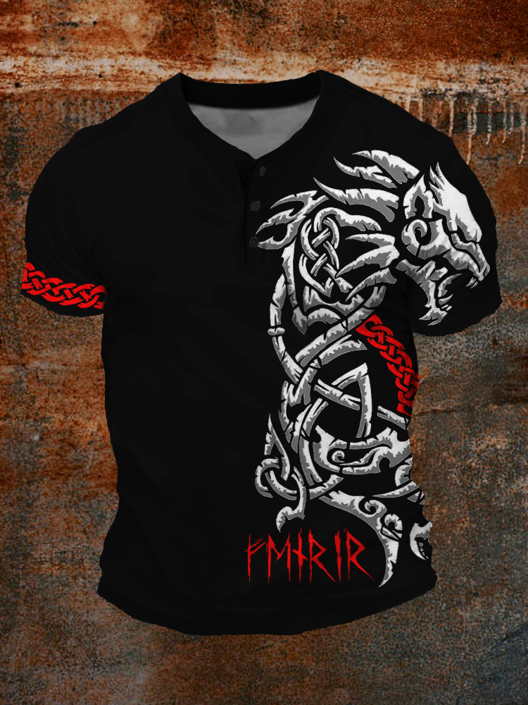 Men's Viking Wolf Fenrir Graphic Short Sleeve Henley Shirt