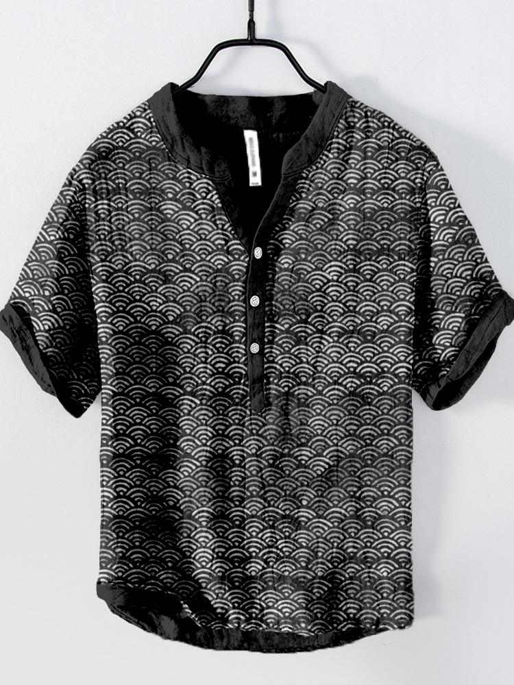Japanese Waves Pattern Short Sleeve Linen Blend Shirt  artssus
