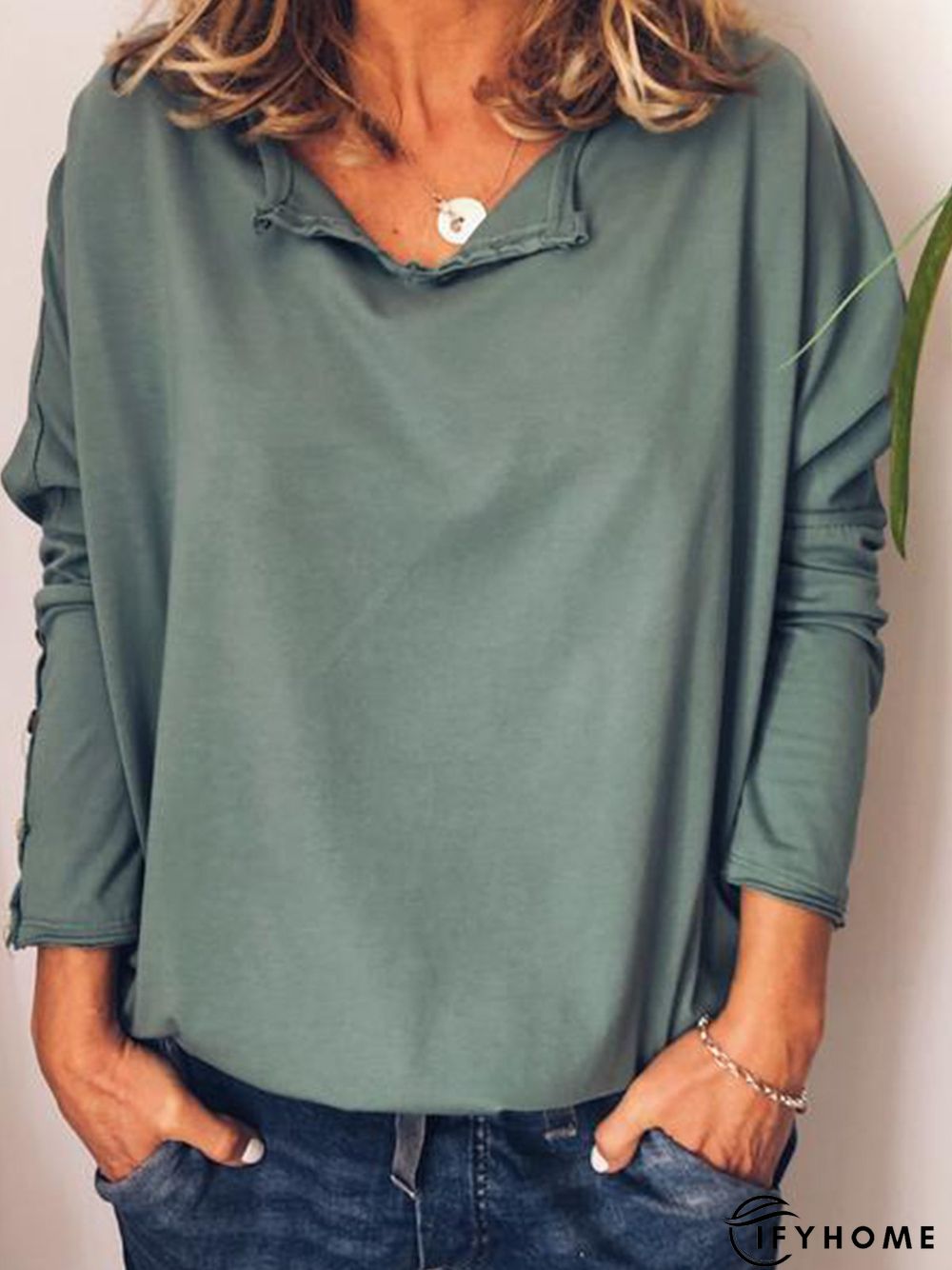 Casual Cotton V Neck Long Sleeve T-Shirt | IFYHOME