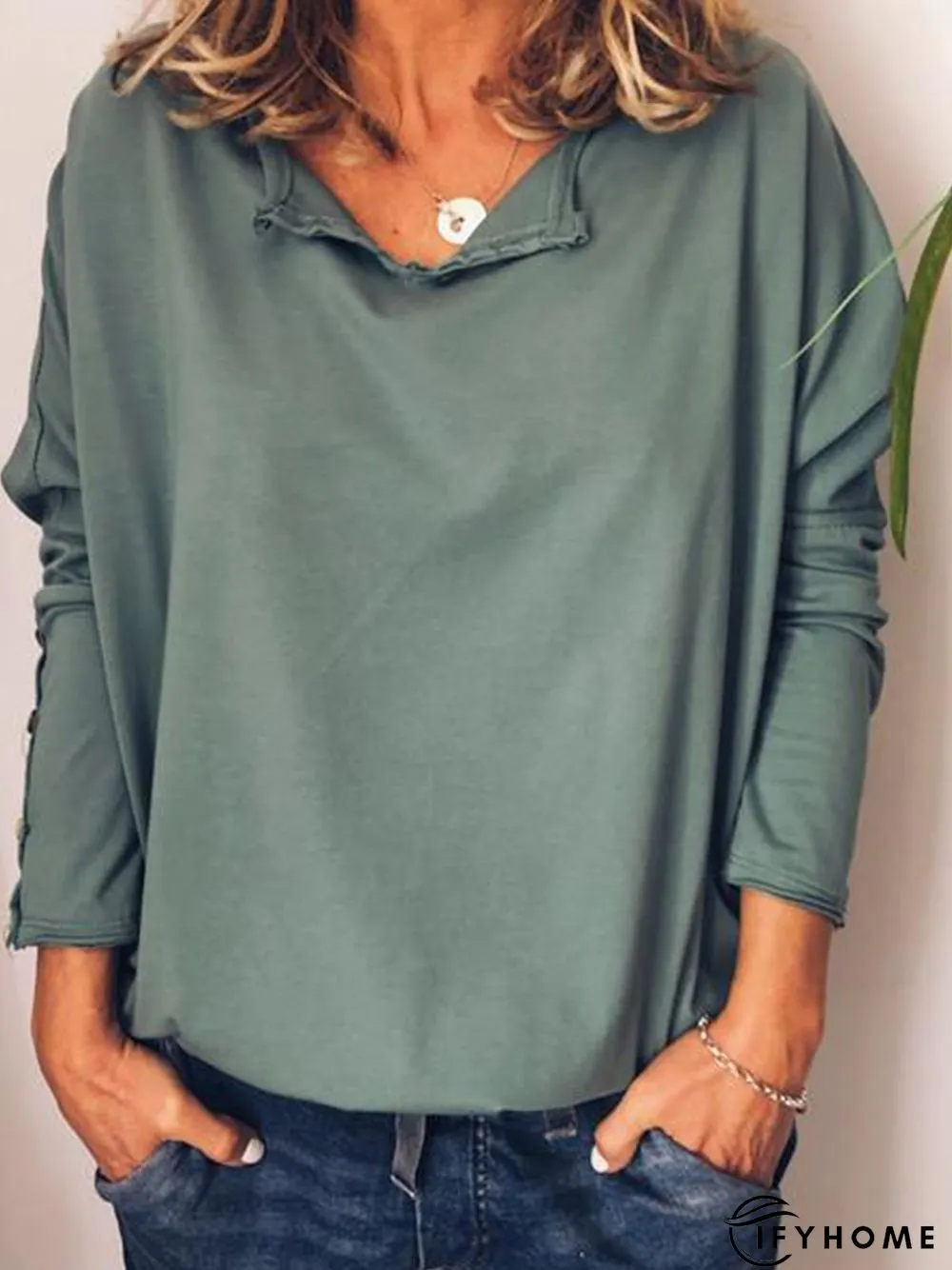 Casual Cotton V Neck Long Sleeve T-Shirt | IFYHOME