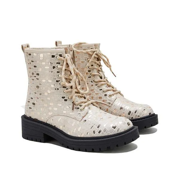 Women Sexy Sequin Lace-Up Ankle Chunky Heel Boots