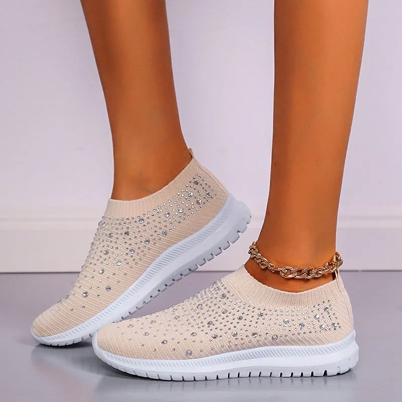 Shining Crystal Flats Shoes For Women Plus Size Breathable Mesh White Sneakers Woman 2022 Spring Summer Soft Sole Sports Shoes