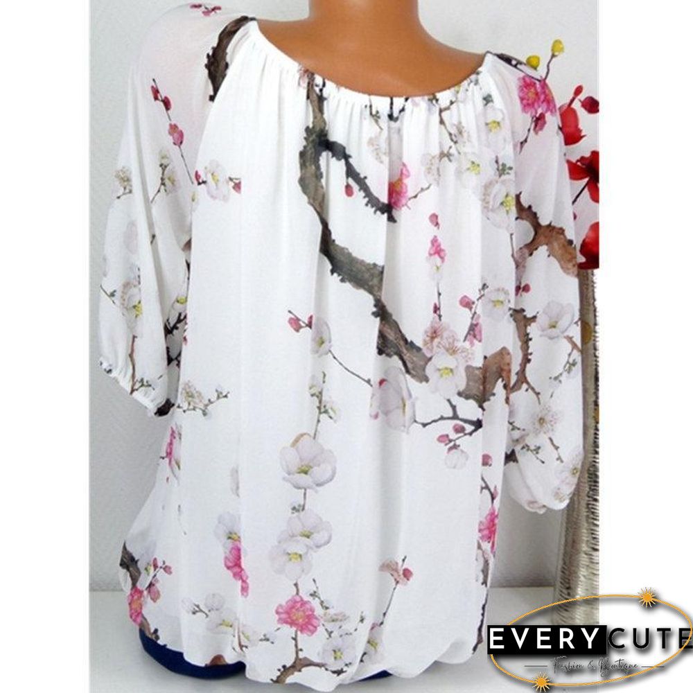 Floral Boat Neckline Long Sleeve Blouses