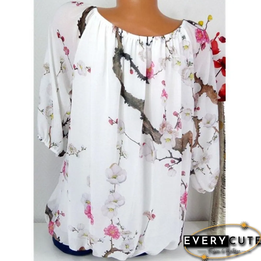 Floral Boat Neckline Long Sleeve Blouses