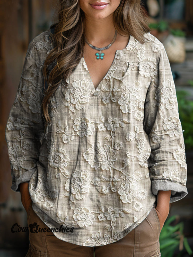 Women&rsquo;s Vintage Three-dimensional Flower Print Cotton Shirt Multicolor / S