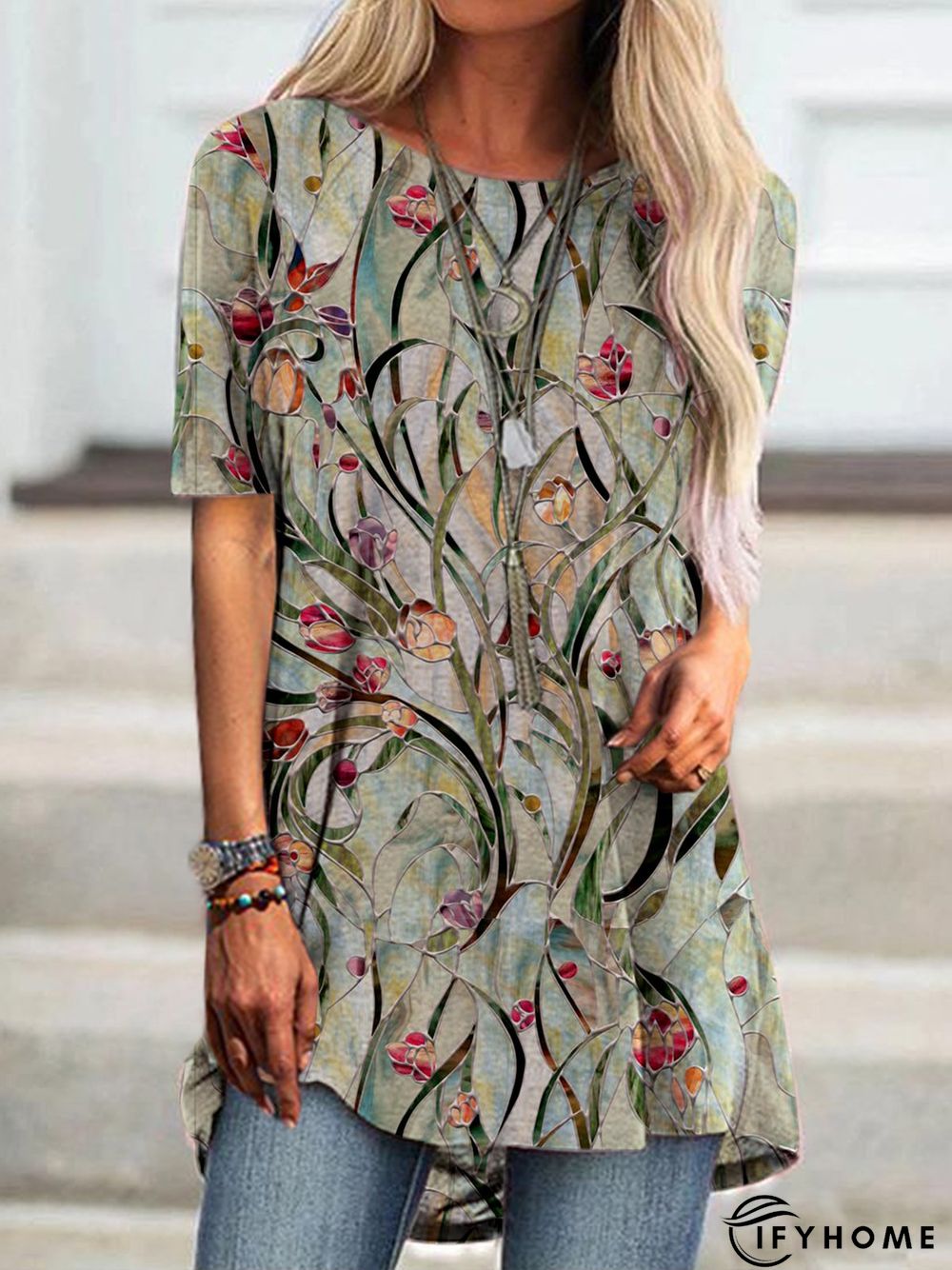 Short Sleeve Printed Cotton-Blend T-shirt | IFYHOME