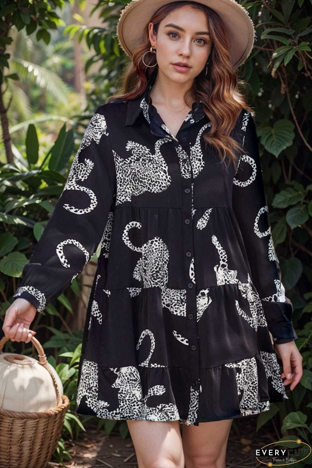 leopard print collared button up shirt dress with ruffled sleeves