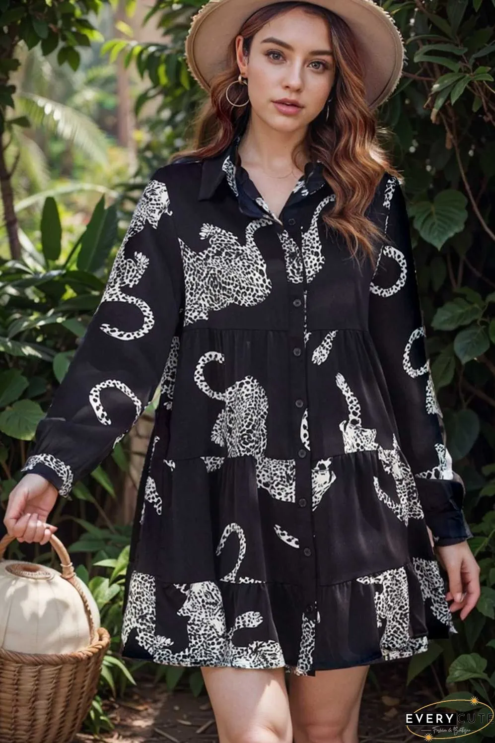 leopard print collared button up shirt dress with ruffled sleeves