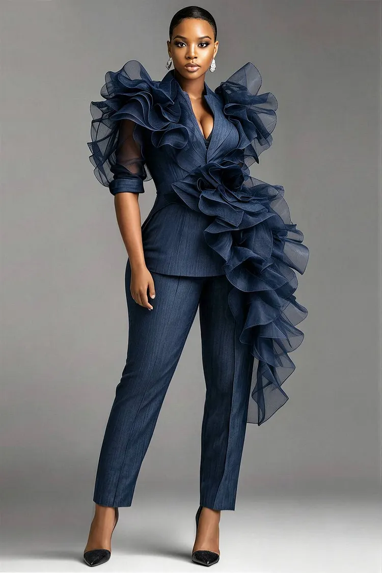 Xpluswear Design Plus Size Cocktail Party Elegant Blue Turndown Collar Short Sleeve 3D Pocket Two Piece Pant Suits [Pre-Order] 2024 - Xpluswear