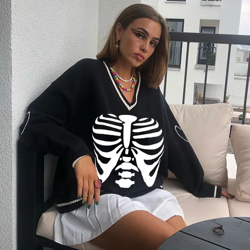 New Autumn Sweaters E-Girls Women Knit Sweater Adults Color Block Skeleton Printed Long Sleeve V-Neck Pullovers Hot Sale