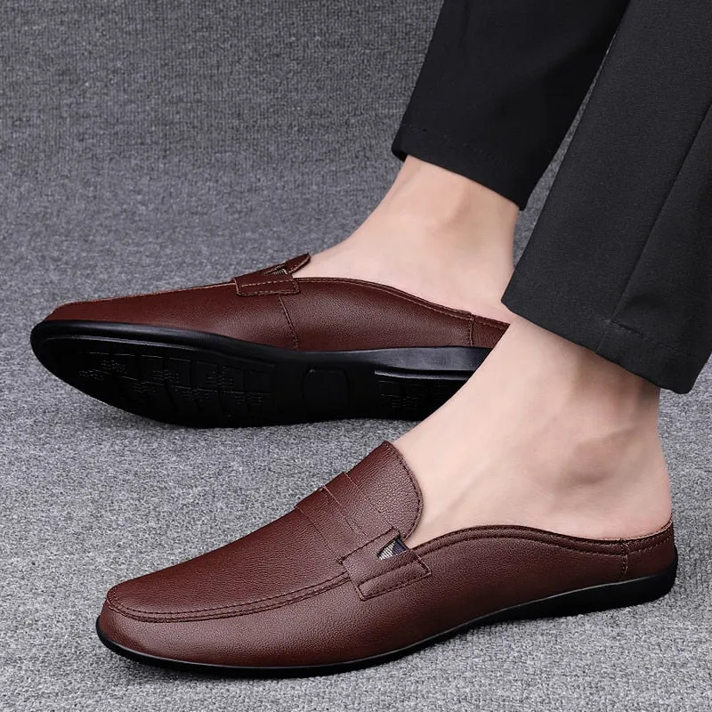 Summer New Men's Shoes Casual Half Shoes For Men Brand Loafers Leather Half Slipper Breathable Slip on Lazy Driving Shoes Men