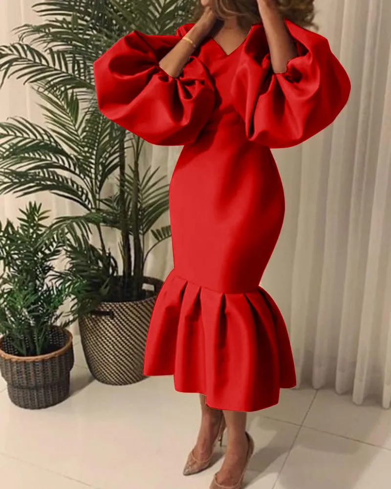 Brownm Commute Plus Size Women's Fashion Solid Color V-neck Bubble Long Sleeve Fishtail Dress