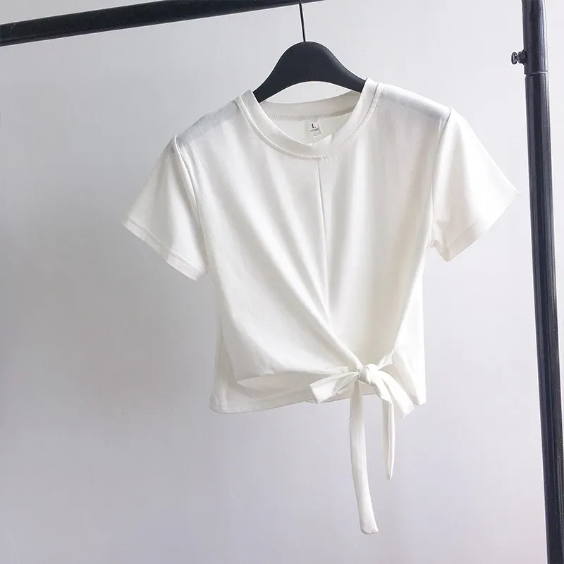 Brownm Brownm Solid Color T-Shirt Female 2024 Summer Wear Korean Version Of The Strap Careful Machine Exposed Umbilical Students Short Sleeve Shirt Repair Body