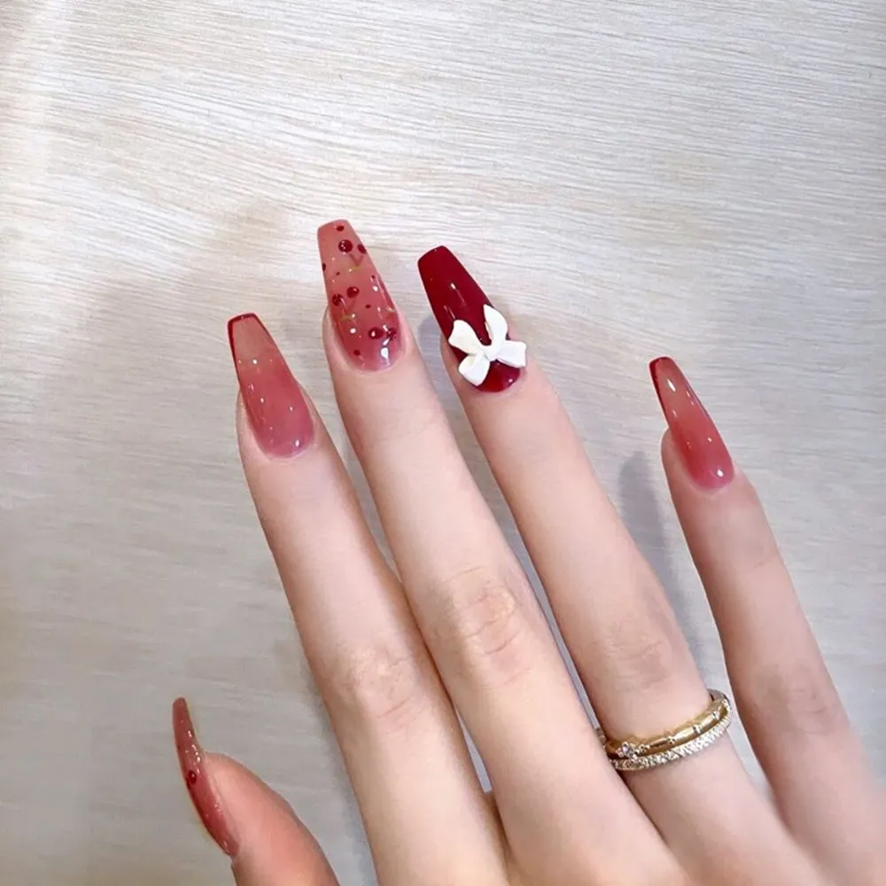 24Pcs Detachable False Nails Long Ballerina Artificial Fake Nails Full Cover Jelly Red Coffin Nail Tips DIY Manicure Tool-Nail Inspo