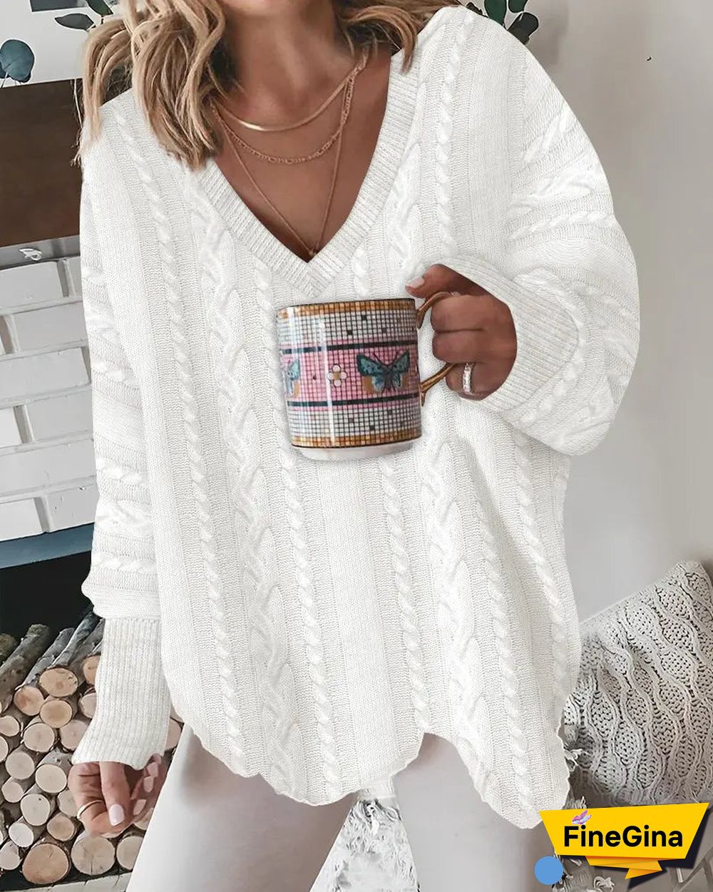 Fuzzy Plain White Long Sleeve Sweater