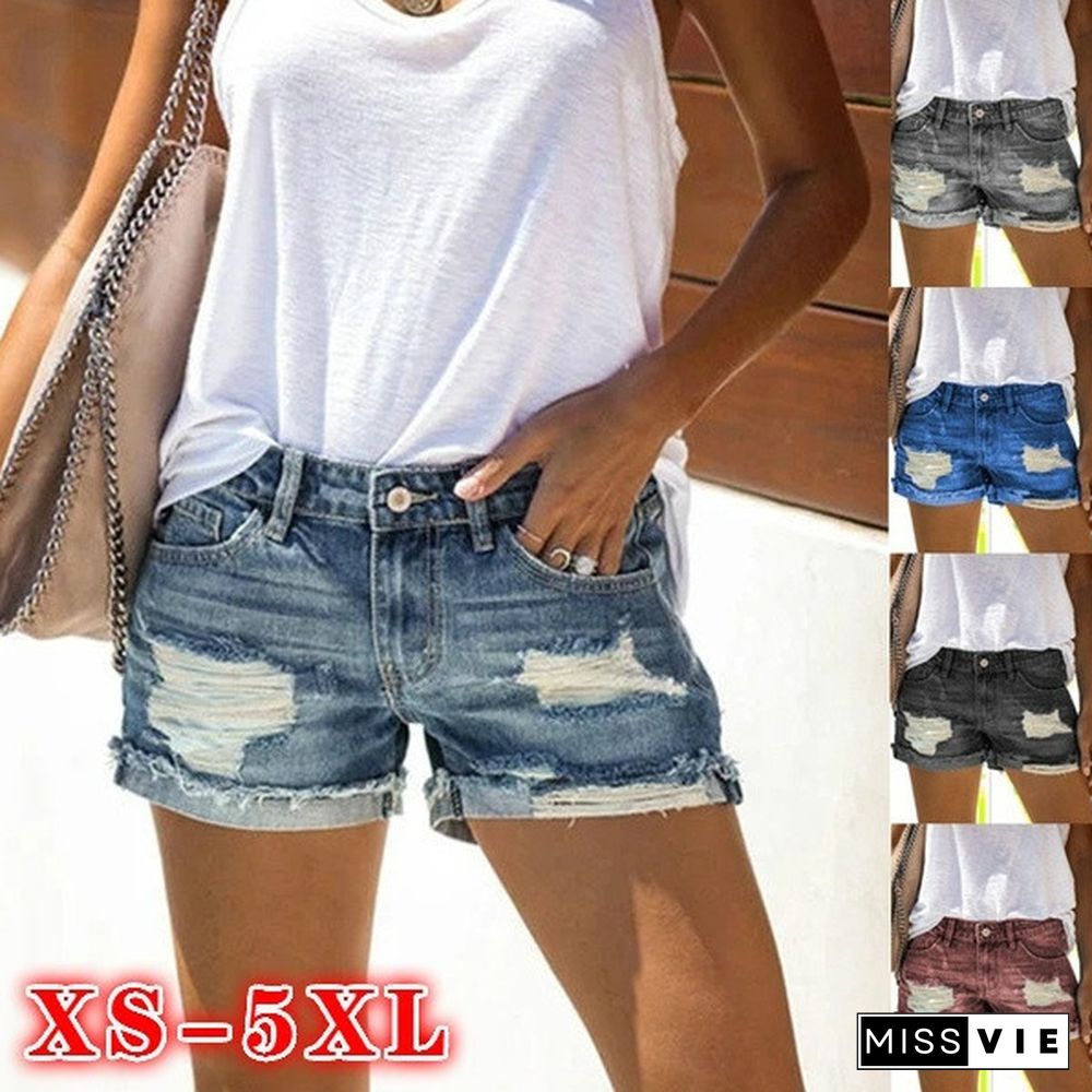 XS-5XL Plus Size Summer Women's Fashion Denim Shorts Blue Jeans Ripped Casual Pants High Waist Denim Pants Cool Streetwear
