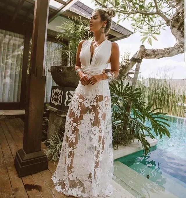 Ordifree 2022 Summer Women Sexy Long Dress Transparent White Lace Backless Sleeveless Maxi Tunic Beach Dress