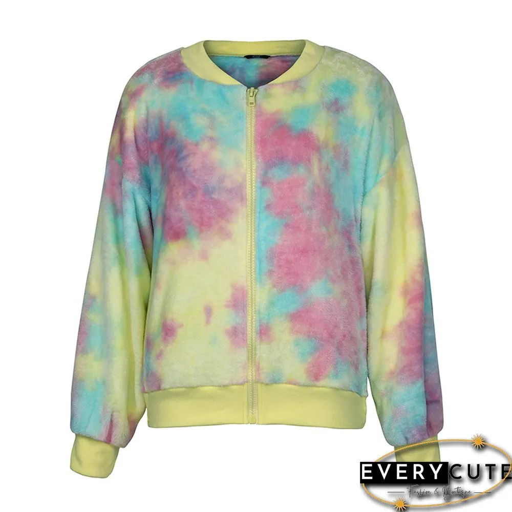 Yellow Zipper Up Tie Dye Print Plush Coat