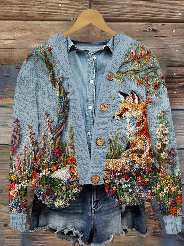 Fox Embroidery Art Pattern Women's Cardigan