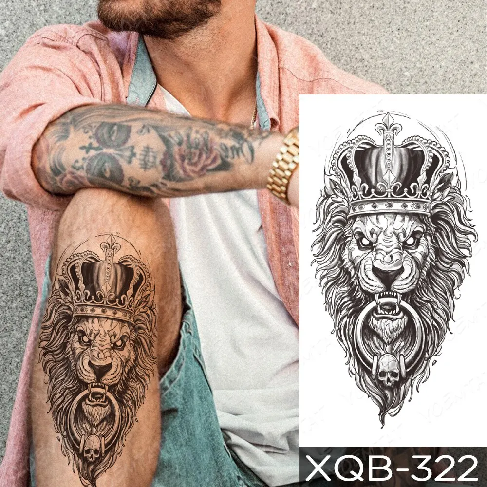 Sdrawing Temporary Tattoo Stickers Fox Lion Tiger Wolf Peony Rose Flowers Leaf Flash Tatto Women Men Body Art Arm Fake Tattoos