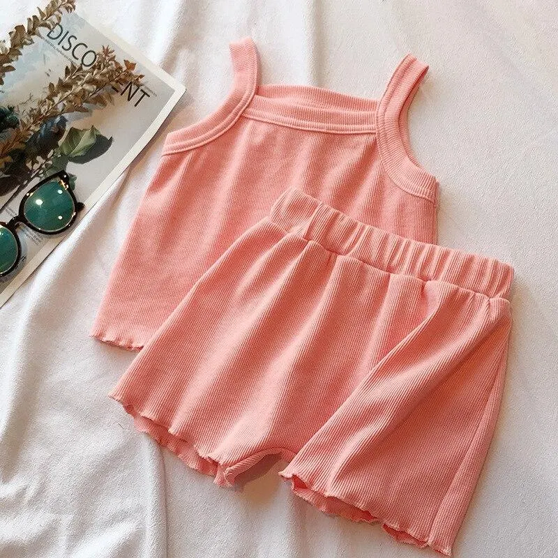 Baby Girls Suspender Vest T-Shirt Shorts Pants 2Pcs Sleeveless Summer 1 2 3 4 5 Year Toddler Kids Outfits Children Clothing Set